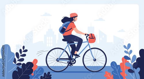 Active young woman riding a blue bicycle in the city with a helmet, a backpack, and leaves in the foreground.