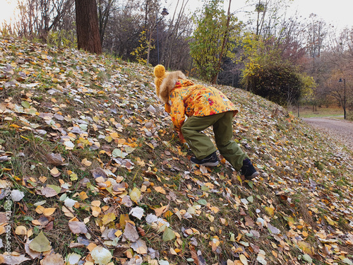 Back view of a little kid crawling up a grassy slope covered in fallen leaves