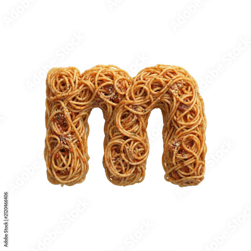 Spaghetti pasta letter M - Small Italian noodles font isolated on white background. Perfect alphabet for creative illustrations related to traditional cuisine, food, nutrition...