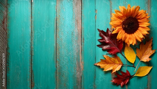 Vibrant Sunflower And Autumn Leaves On Rustic Turquoise Wooden Background