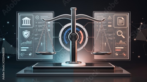 Digital justice and cyber law concept featuring scales of justice integrated with holographic regulatory compliance data panels