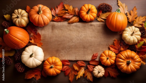 Autumn Harvest Pumpkins And Leaves Framing Burlap Copy Space