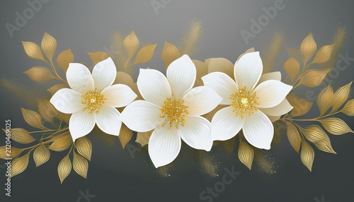 Floral Arrangement Five Cascading White Flowers With Golden Leaves On Gray