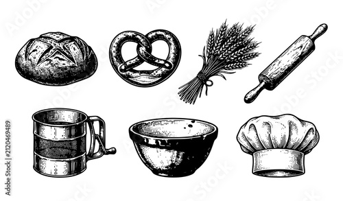 Fotografie Vintage Bakery and Baking Tools Vector Icon Set with Bread Pretzel Wheat Rolling
