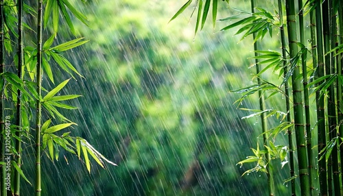 Rain Falling On Bamboo Forest With Water Droplets In Tranquil Scene