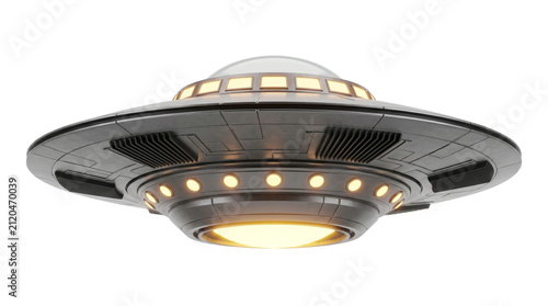 Futuristic 3d ufo flying saucer hovering ship with transparent background