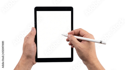 Hands holding digital tablet and stylus pen with transparent background