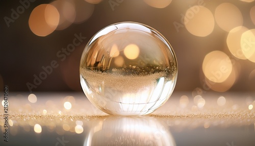 Clear Glass Sphere Resting On Light Beige Surface With Soft Reflections And Bokeh Background
