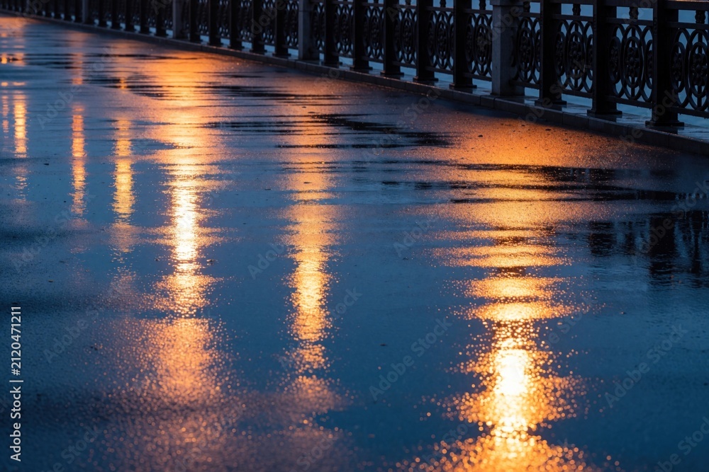 Naklejka premium Bright orange street lamps reflect on wet dark asphalt pavement after rain at night. Metal railing lines walkway along city embankment path. Gloomy urban scenery creates moody atmosphere with golden