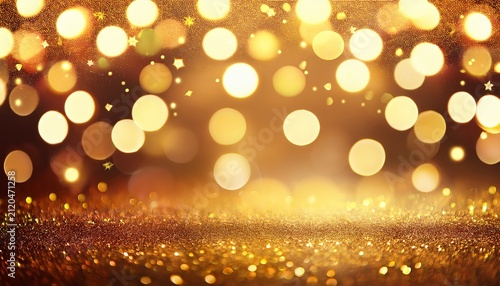 Christmas Golden Glowing Background Holiday Abstract Glitter Defocused Backdrop With Blinking Tars And Garlands Blurred Gold Bokeh