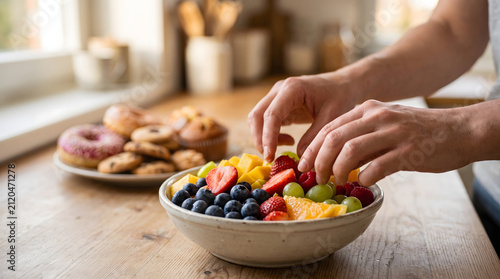 Hands Choosing Fresh Fruit Over Sugary Snacks Concept
