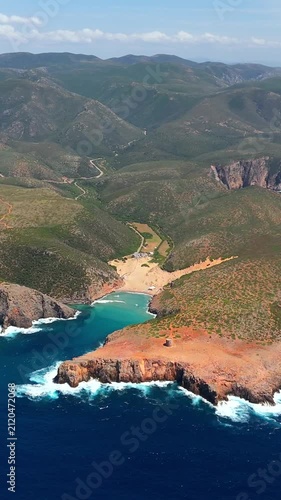 Aerial view on Cala Domestica Beach and landscape around. Sardinia, Italy