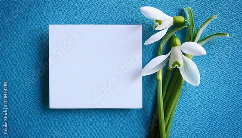 Snowdrop Flower On Blue Background With White Card Mockup For Spring Floral Design And Invitation