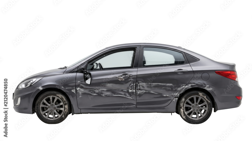 Fototapeta premium Side view of a modern dark gray sedan car parked on the street isolated on transparent background