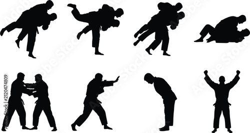 Judo and Jiu-Jitsu Martial Arts Silhouettes in Combat and Ritual Poses