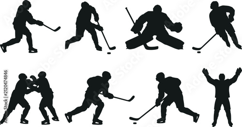 Ice Hockey Player Silhouettes in Dynamic Skating, Shooting, and Goalkeeping Poses