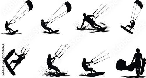 Kiteboarding Silhouettes of Riders in Dynamic Surf and Jump Poses