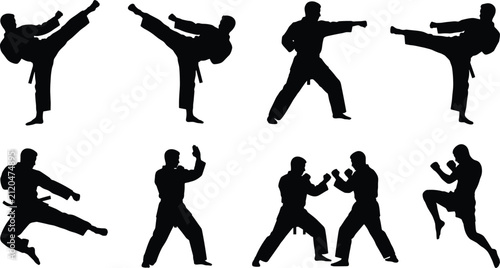 Martial Arts Silhouettes of Fighters in Dynamic Kicking and Sparring Poses