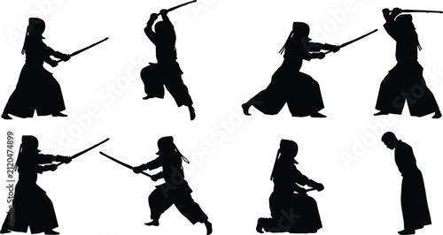 Kendo Martial Arts Silhouettes in Combat and Ritual Poses