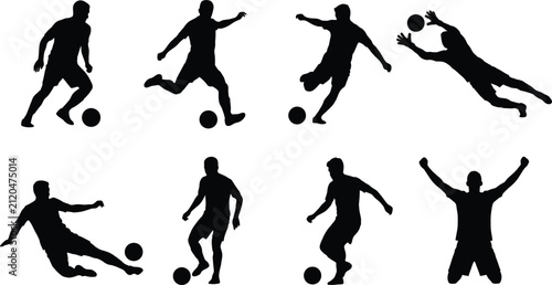Soccer Player Silhouettes in Dynamic Action Poses for Sports Design Concepts