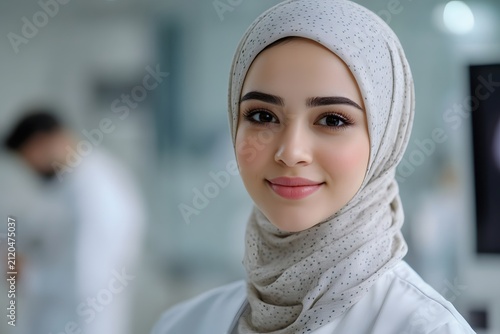 Portrait of a beautiful young muslim woman wearing a hijab in a professional medical setting