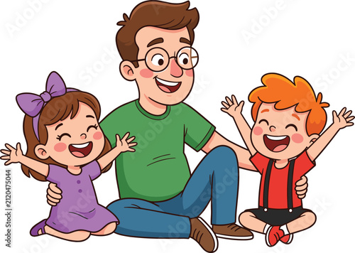 Happy Young Father Sitting with His Cheerful Son and Daughter Celebrating Father's Day with Smiles and Joyful Character Vector Illustration