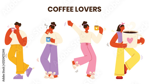 Coffee Lovers Character Collection – Cute People Enjoying Coffee, Morning Routine and Cozy Lifestyle Flat Vector Set