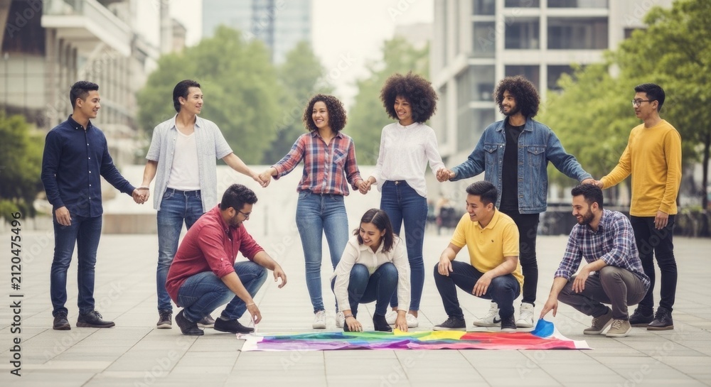 Fototapeta premium Diverse multiracial generation joining hand together around colorful banner, demonstrating global unity for international youth day august 12th, showing strong friendship, mutual cooperation.