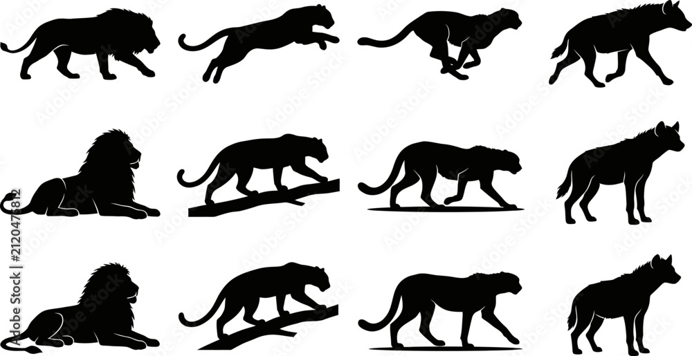 Obraz premium African Big Cat and Hyena Silhouette Collection with Lion Cheetah Leopard and Hyena Poses
