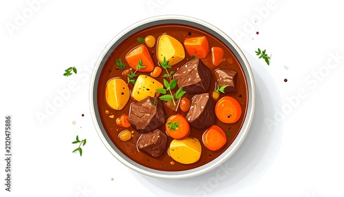 Colorful vegetable soup with fresh herbs in white bowl.