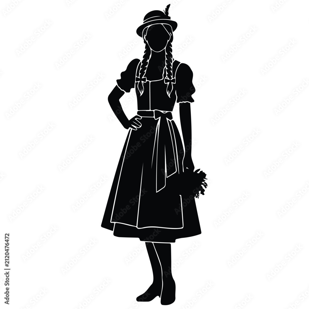 Fototapeta premium Bavarian woman in traditional dirndl silhouette vector illustration for autumn festival.