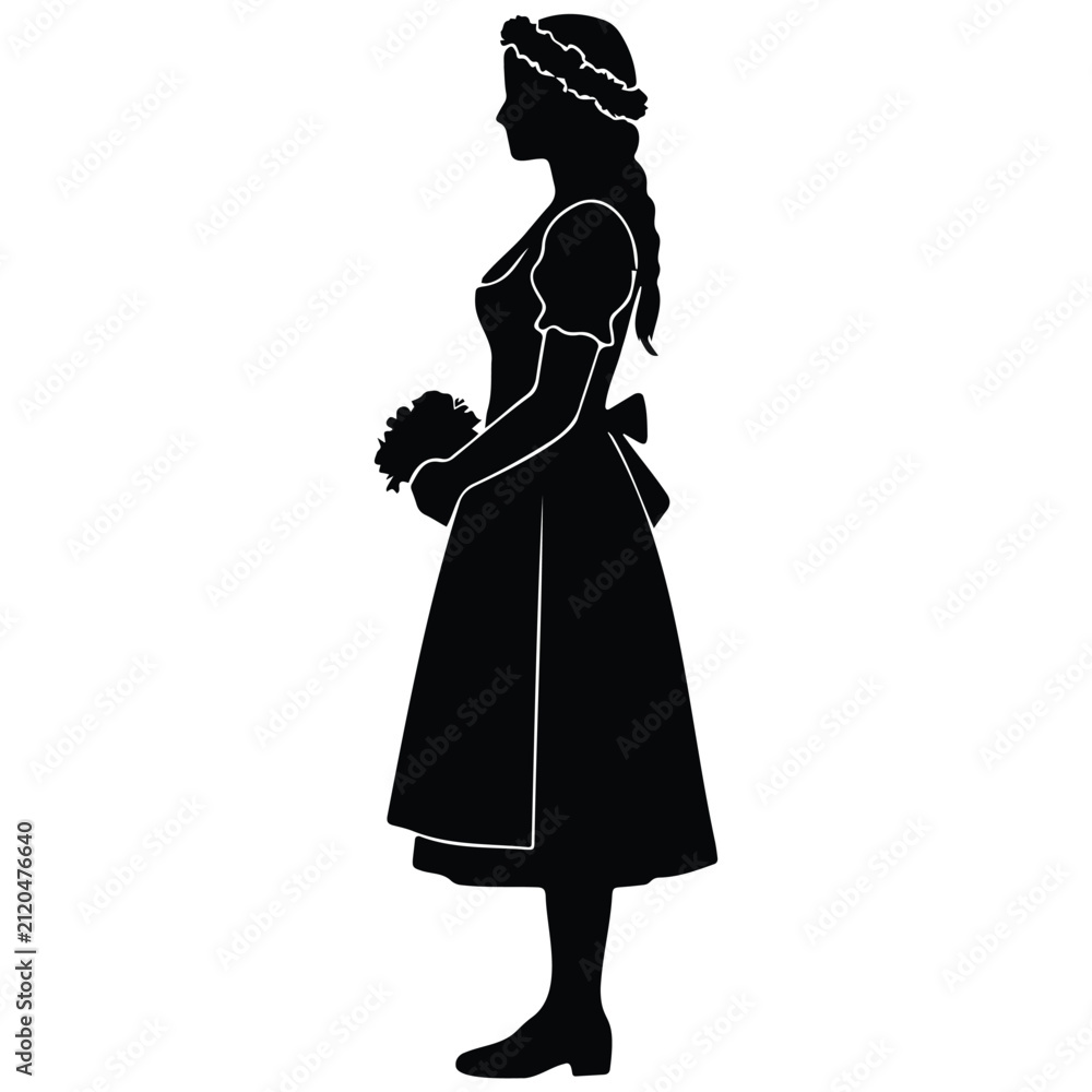 Fototapeta premium Profile view of woman in dirndl silhouette vector illustration with flower crown detail.