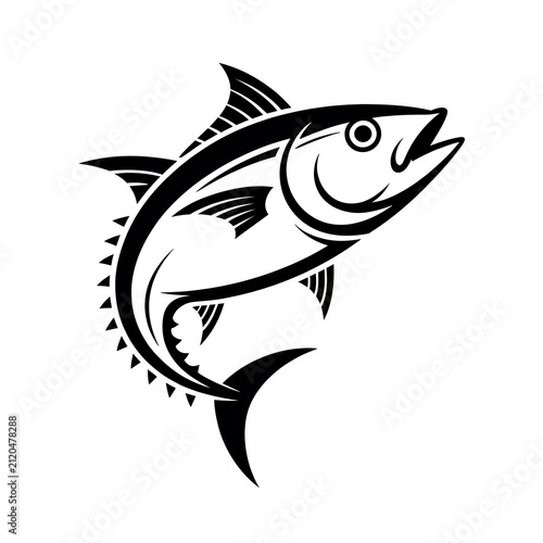 Black and white tuna fish illustration in a simple graphic style isolated on white background