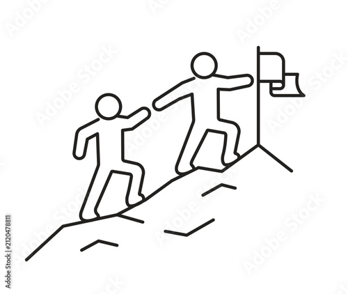 People holding hands climbing up the mountain to the flag, linear icon. Editable stroke