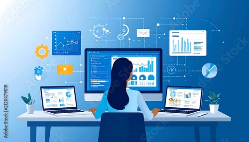 Business professional analyzing financial data on multiple screens.