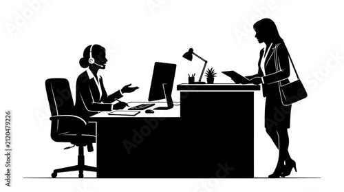 Office workers with computer and headset black silhouette