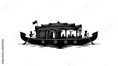 Fotografie Houseboat With Passengers And Rowers Black Silhouette