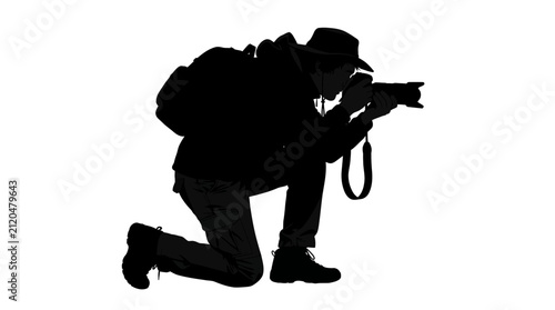 Fotografie Photographer Kneeling With Camera Black Silhouette photography