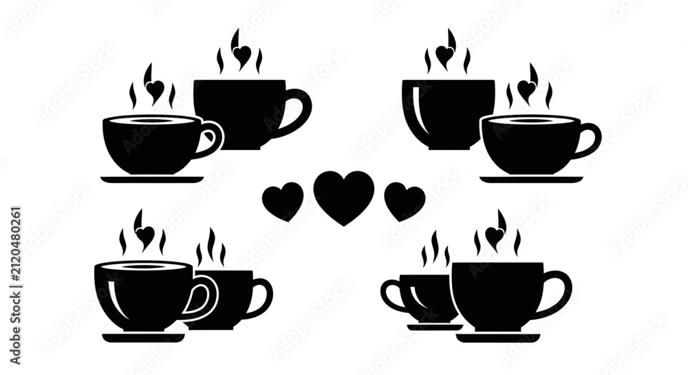 Obraz premium Romantic coffee cup pairs with heart steam and central heart symbols representing shared moments and love for coffee in a clean black and white vector style