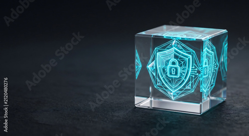 Cybersecurity hologram inside glass cube, digital shield and padlock icon for data protection, futuristic network security concept on dark background