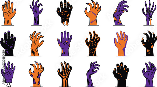 Happy halloween coloring vcetor icon set featuring a collection of spooky zombie hands and monster claws in various poses for festive holiday designs