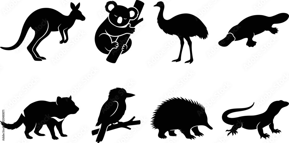 Obraz premium Australian Wildlife Silhouette Bundle Featuring Native Animals Birds Reptiles and Mammals Vector Collection