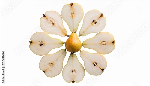 Creative Composition Of Pear Slices Arranged In A Flower Shape With A Single Seed In The Center Isolated On Transparent Background