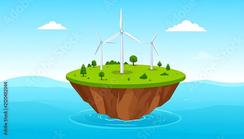 Small green island with windmill in blue sea.