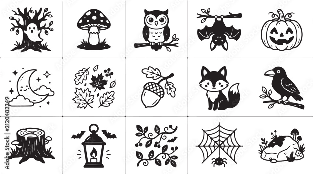 Obraz premium Set of cute black and white autumn and halloween hand drawn doodle icons and forest elements