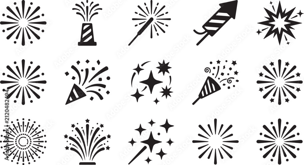 Fototapeta premium Set of black and white firework icons and party celebration symbols for festive holiday design