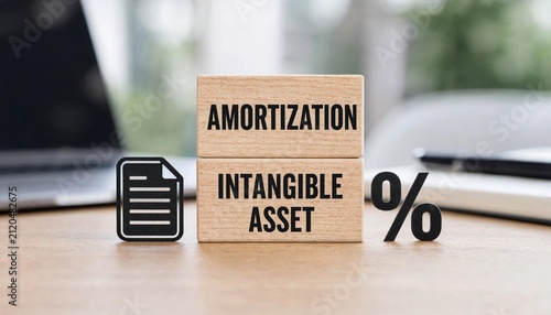 Conceptual image showing amortization of intangible assets with document and percentage symbols on wooden blocks