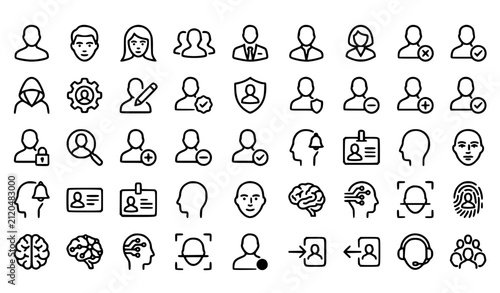 Profile and Avatar Thin Line Icon Set with User Head Brain Account and Editable Stroke Vector