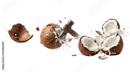 фотографія A metal hammer breaking fresh coconuts with milk splashing everywhere captured a