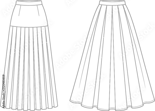 Photography Cad white pleated skirt pattern, front and back views clothing fashion
